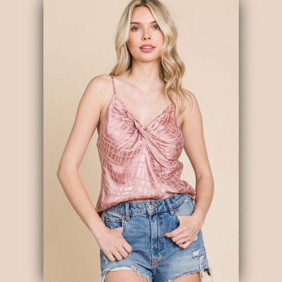 Glossy Grid Print Twist Neck Slip Tank Top Cami - Picture 2 of 5